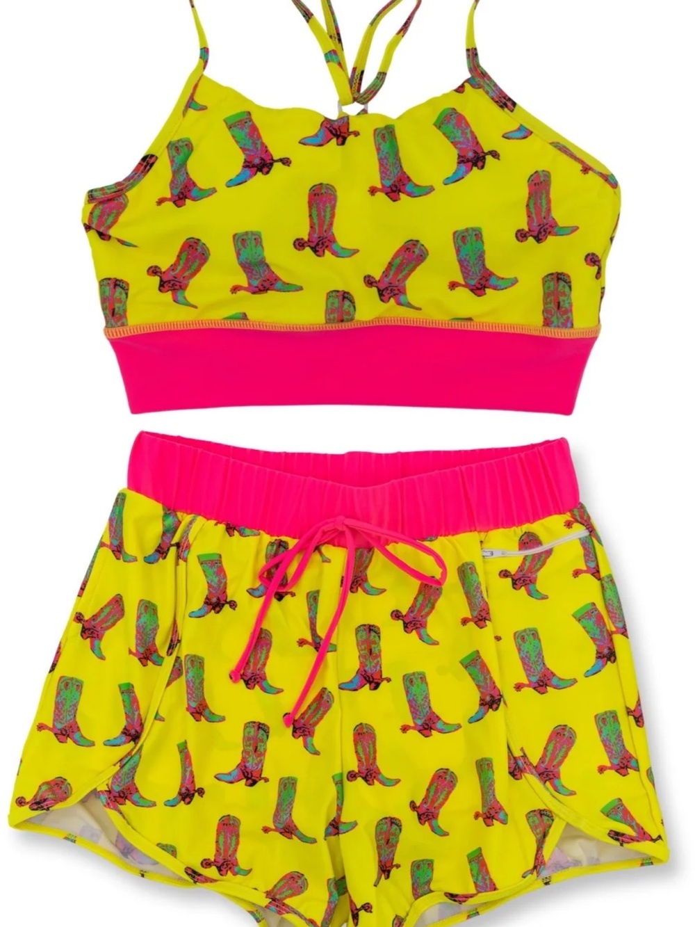 Yellow & Hot Pink Women's Two-Piece Swim Set — Printed Crop Top & Shorts